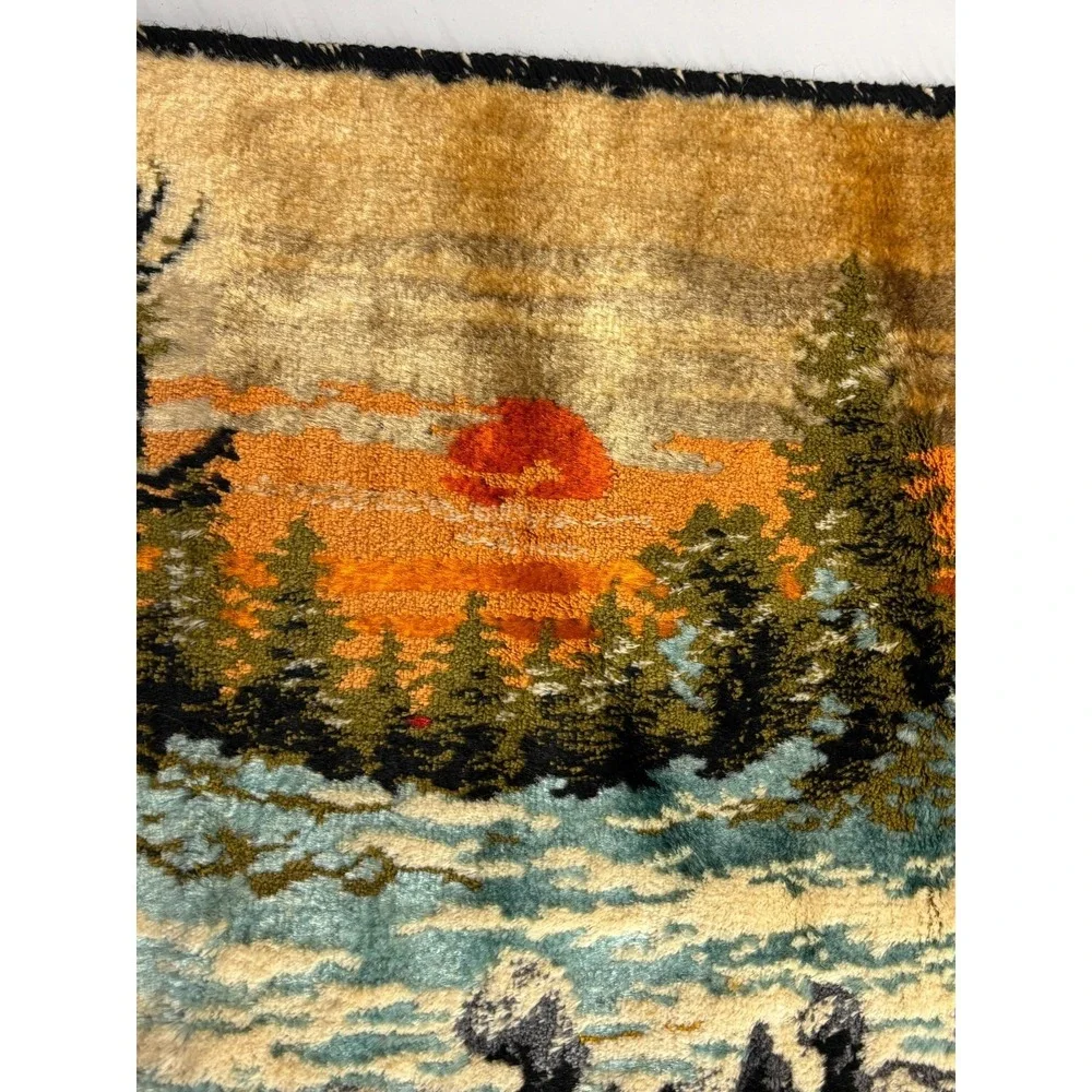 Vintage‎ Rug Italian Woven Plush Velvet Alaskan Husky Tapestry Dogsled Clean